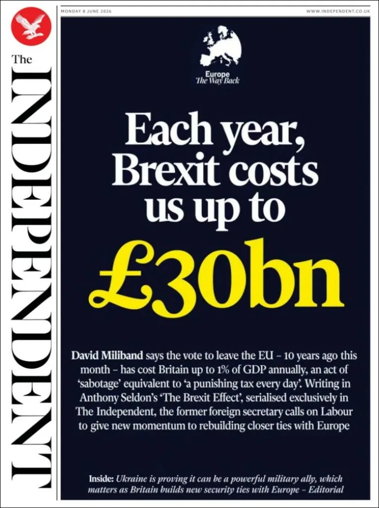 Portada de The Independent del lunes, 8 de junio de 2026