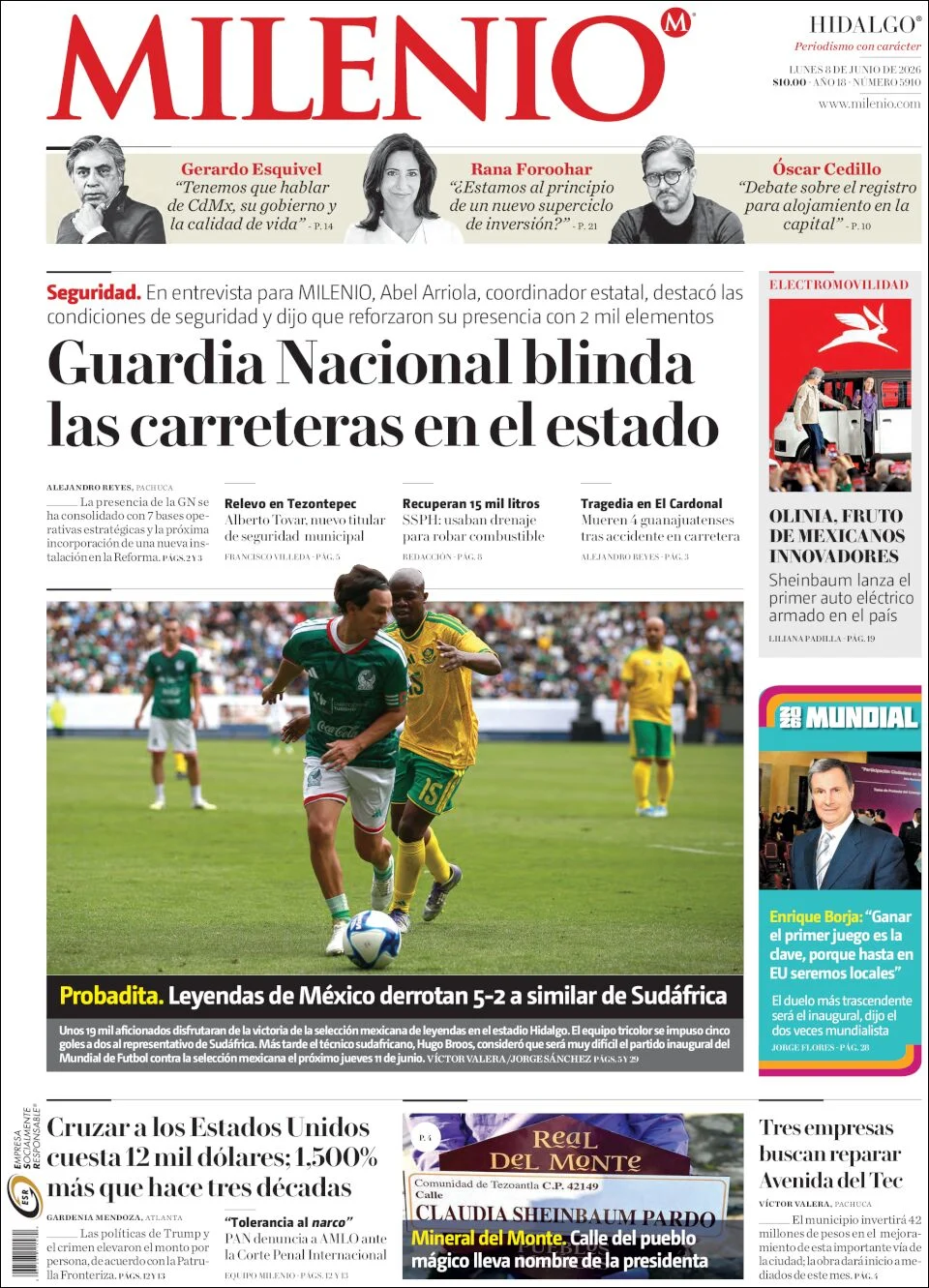 Portada de Milenio Hidalgo del lunes, 8 de junio de 2026