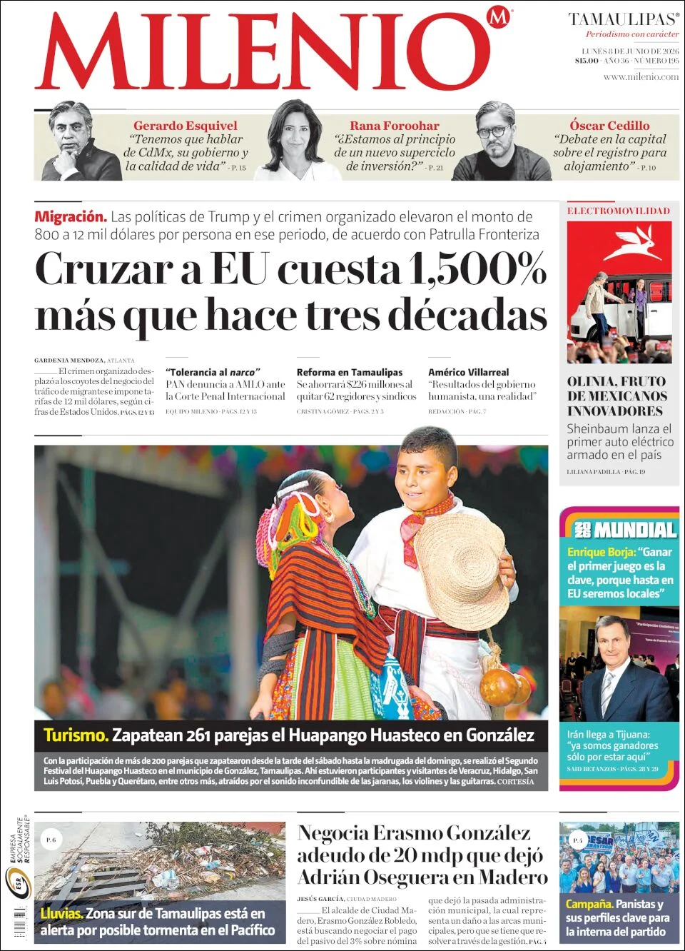 Portada de Milenio Tamaulipas del lunes, 8 de junio de 2026