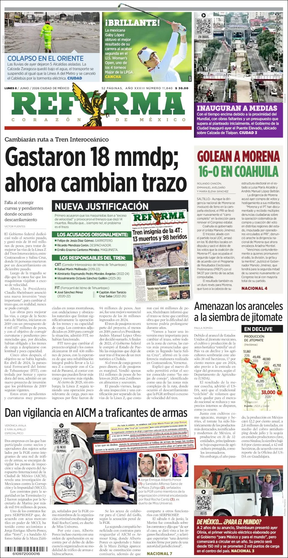 Portada de Reforma del lunes, 8 de junio de 2026