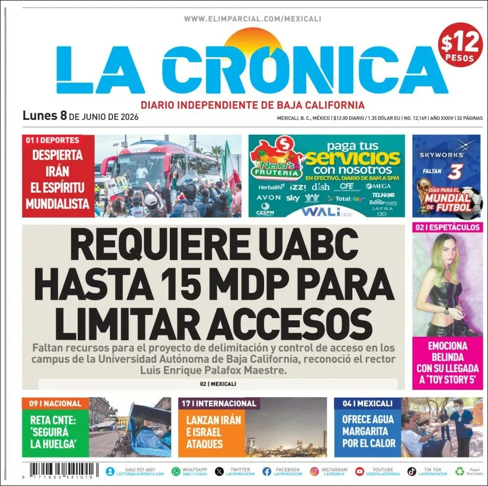 Portada de La Cronica del lunes, 8 de junio de 2026
