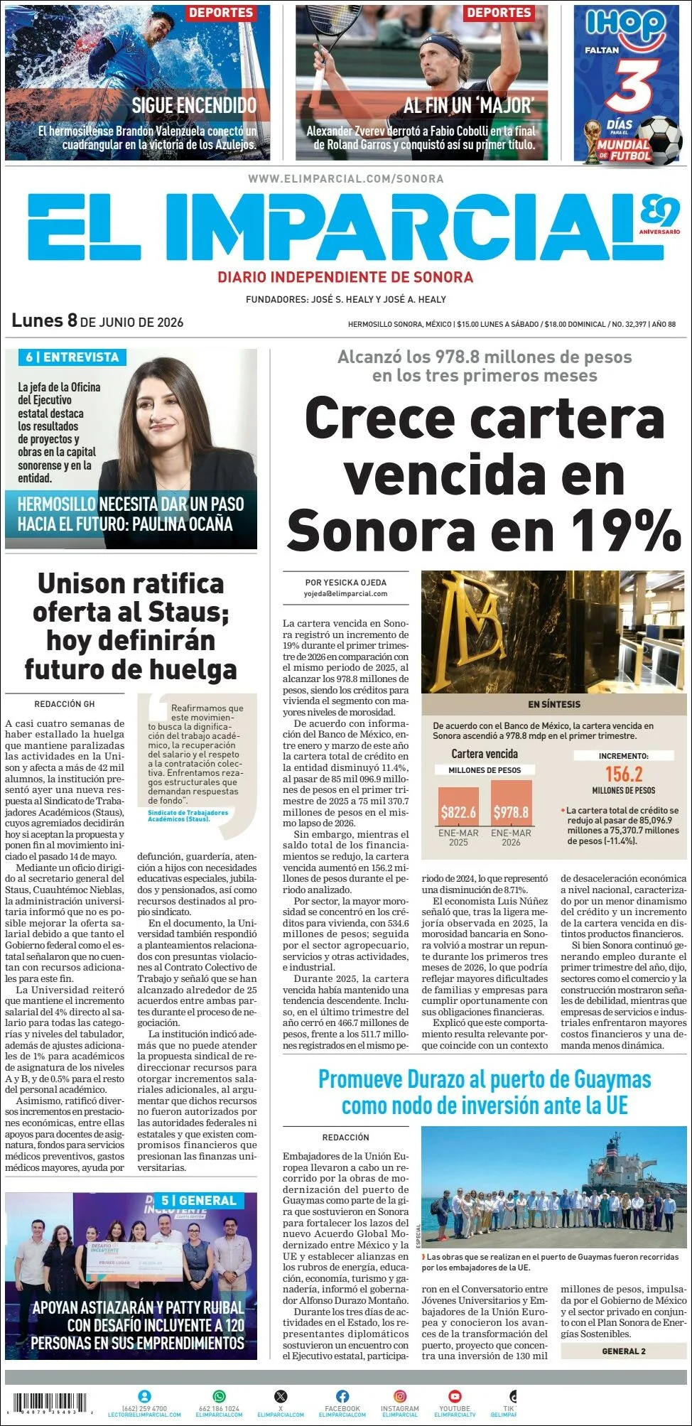 Portada de El Imparcial del lunes, 8 de junio de 2026