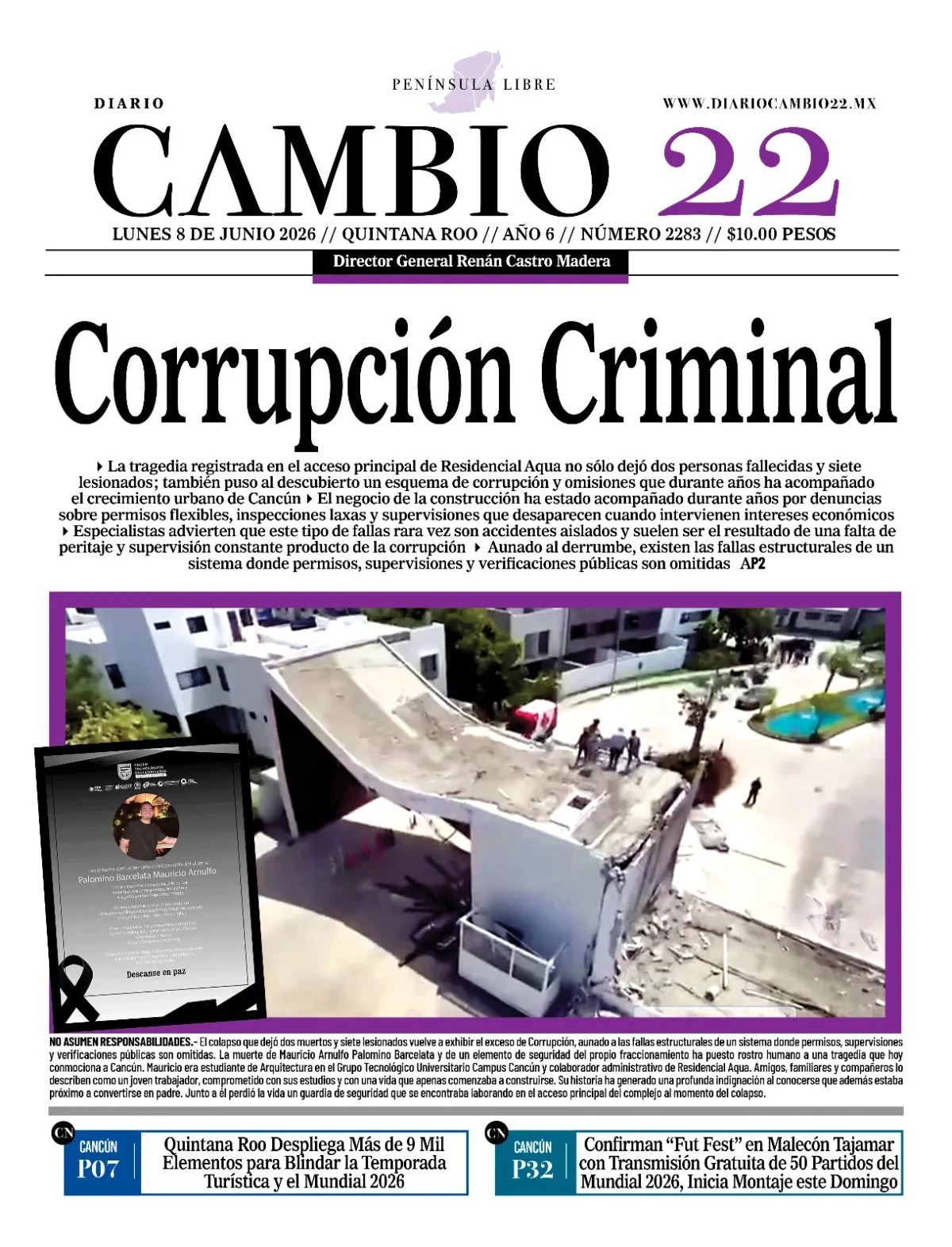 Portada de Diario Cambio 22 (portada) del lunes, 8 de junio de 2026
