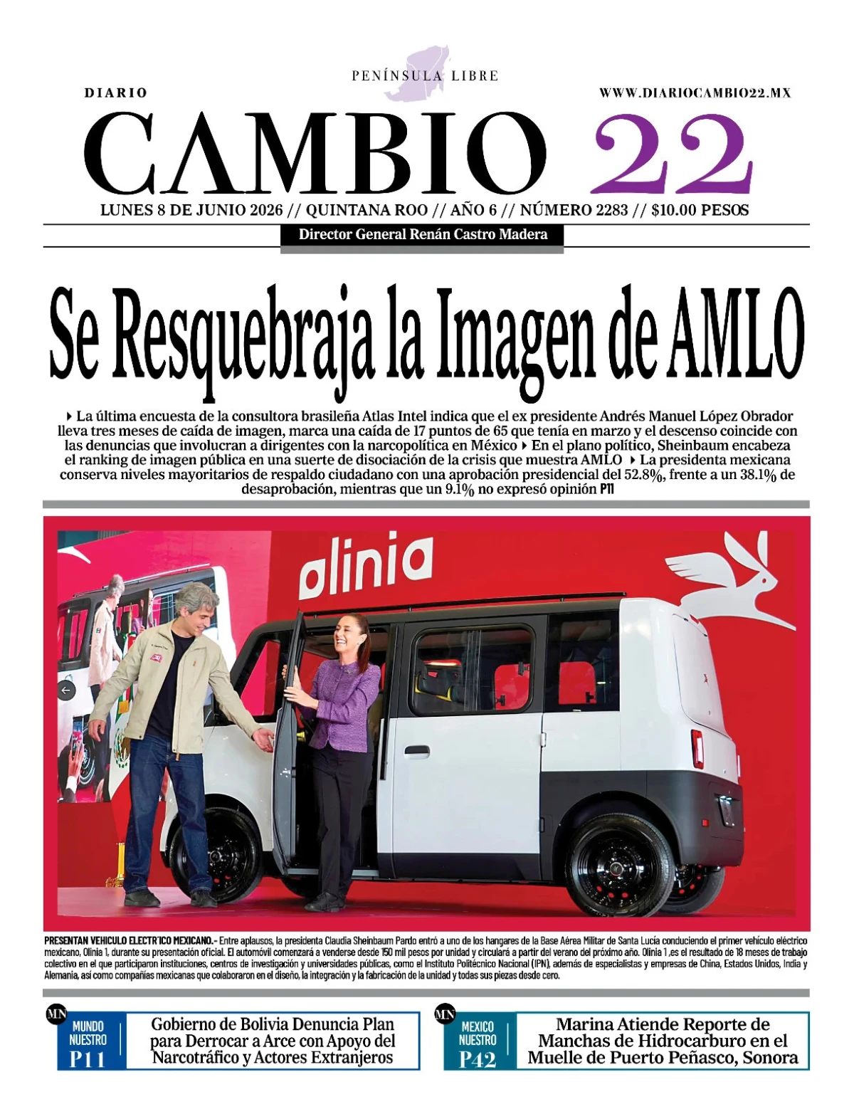 Portada de Diario Cambio 22 (contraportada) del lunes, 8 de junio de 2026