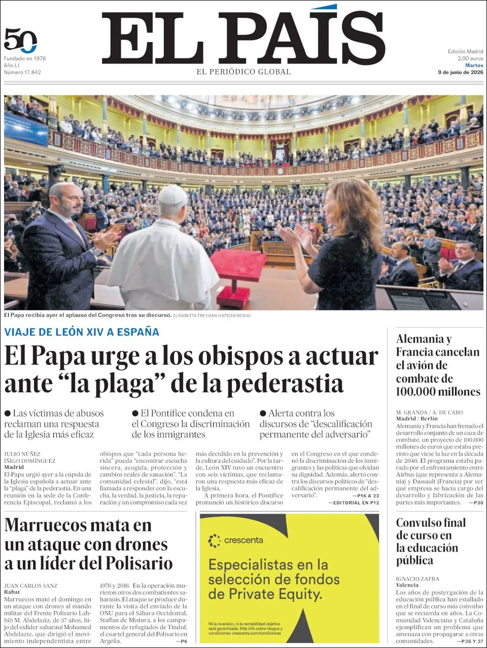 Portada de El Pais del martes, 9 de junio de 2026