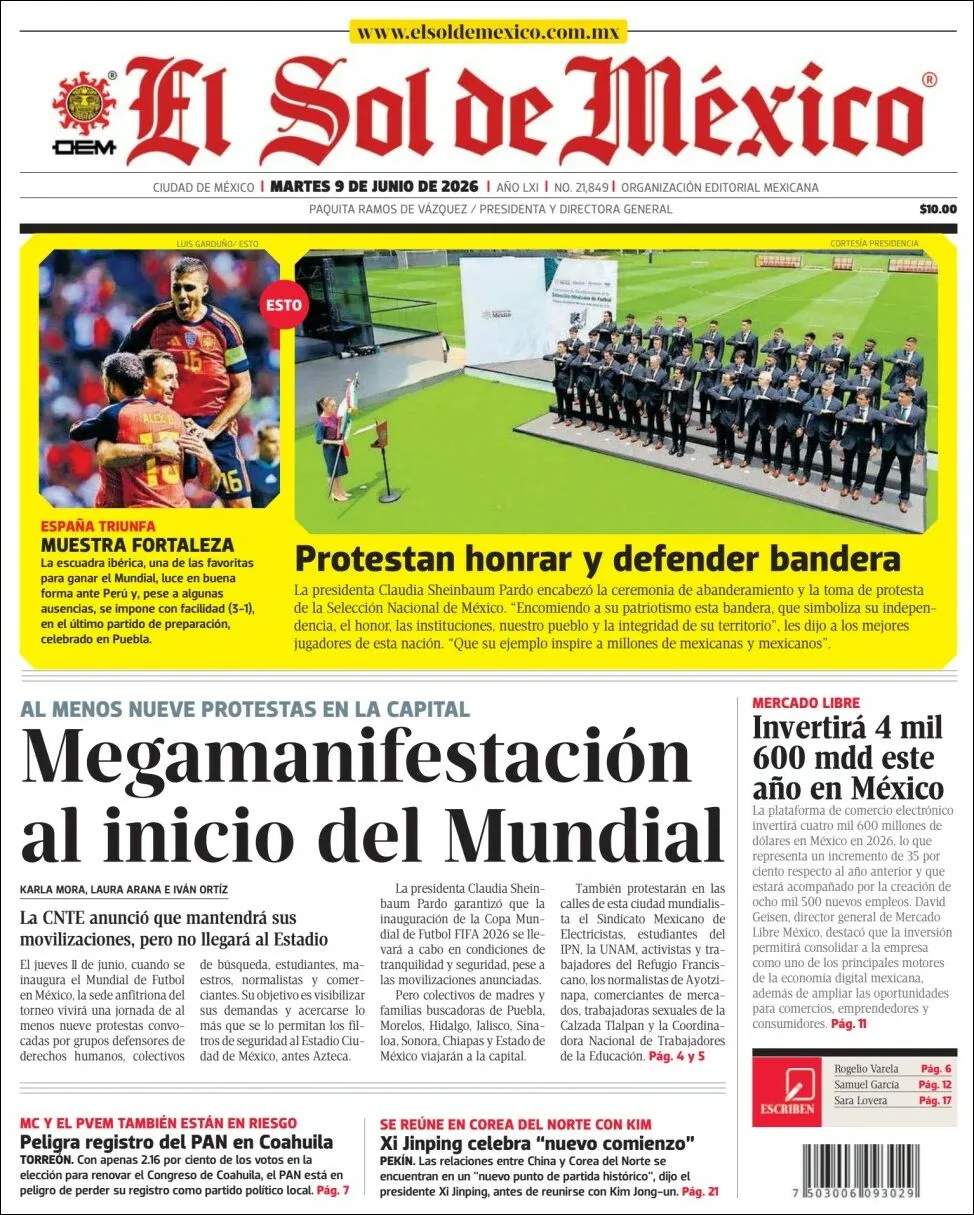 Portada de El Sol de Mexico del martes, 9 de junio de 2026