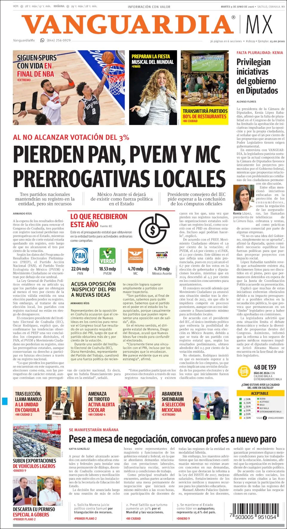 Portada de Vanguardia del martes, 9 de junio de 2026