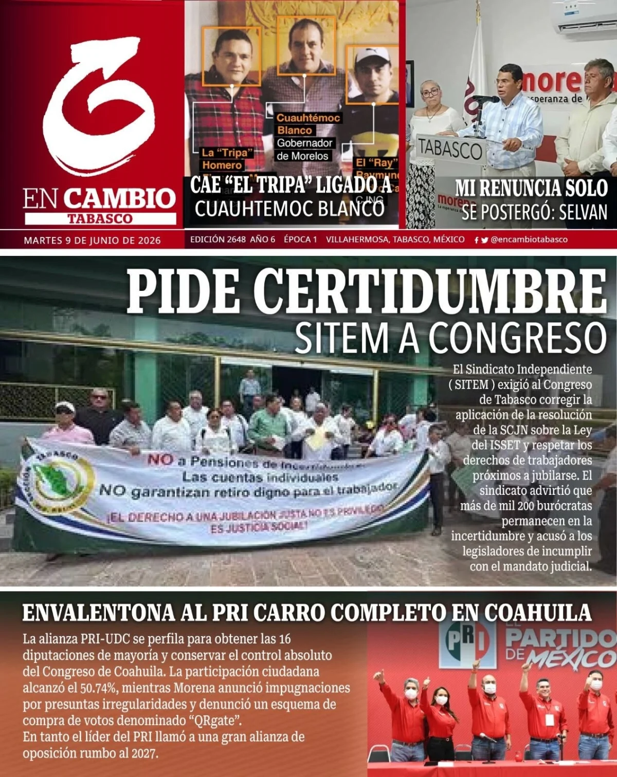 Portada de En Cambio - Tabasco (portada) del 2026-06-09
