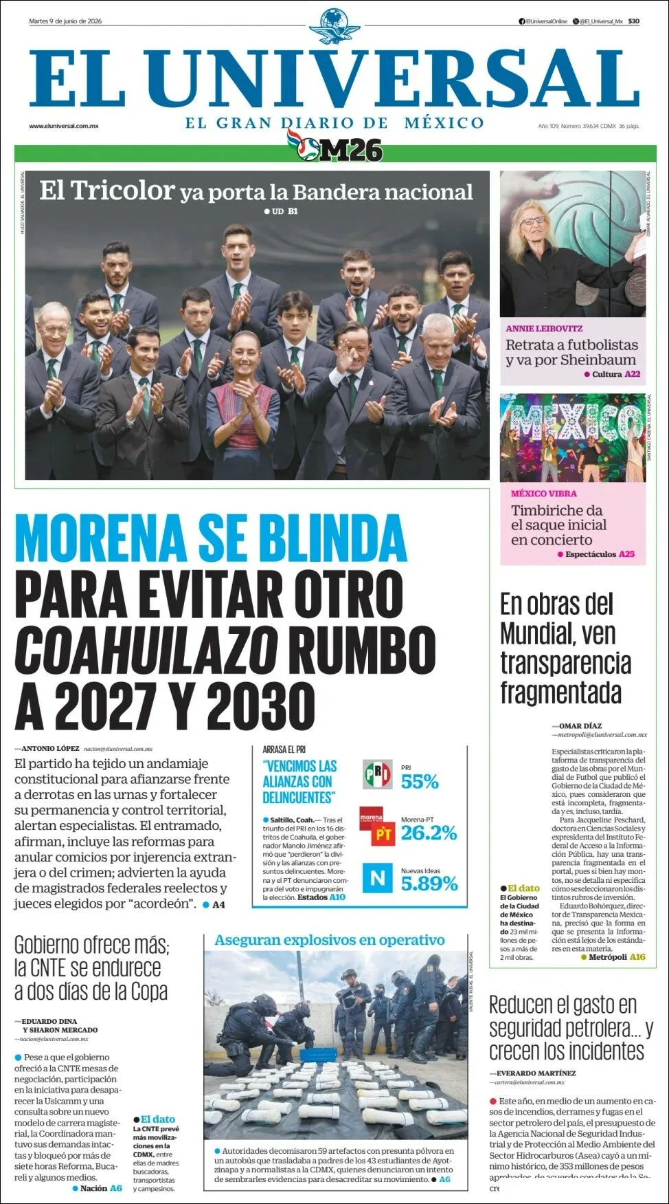 Portada de El Universal del martes, 9 de junio de 2026