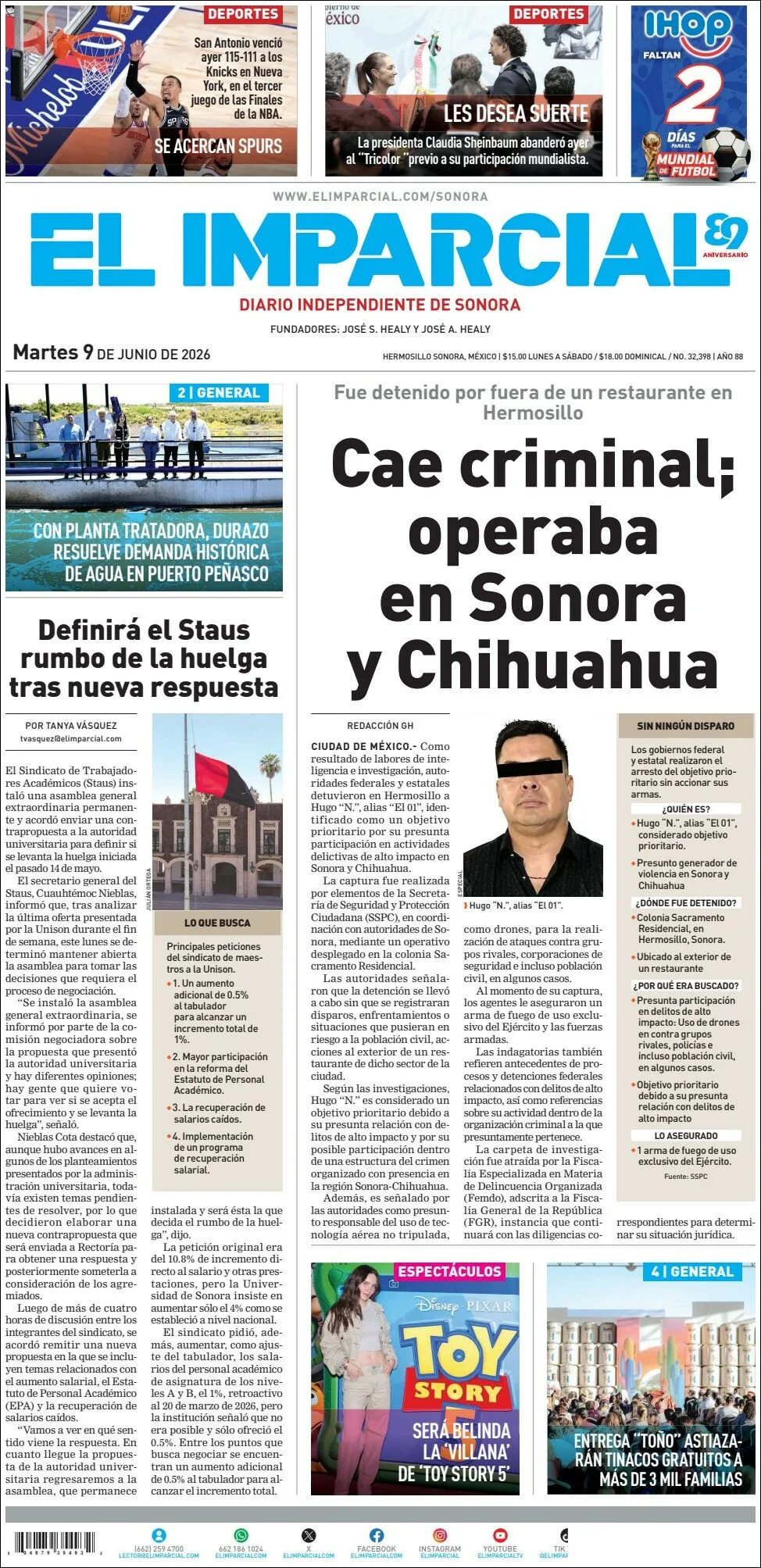 Portada de El Imparcial del martes, 9 de junio de 2026