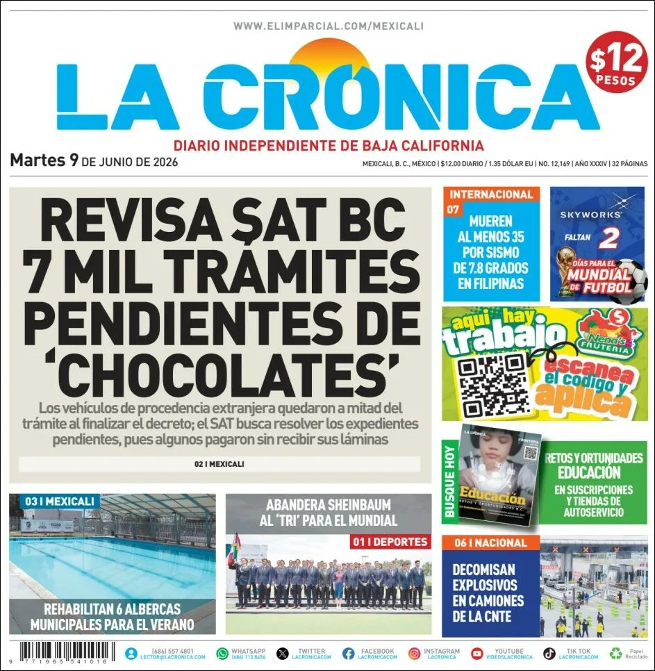 Portada de La Cronica del martes, 9 de junio de 2026