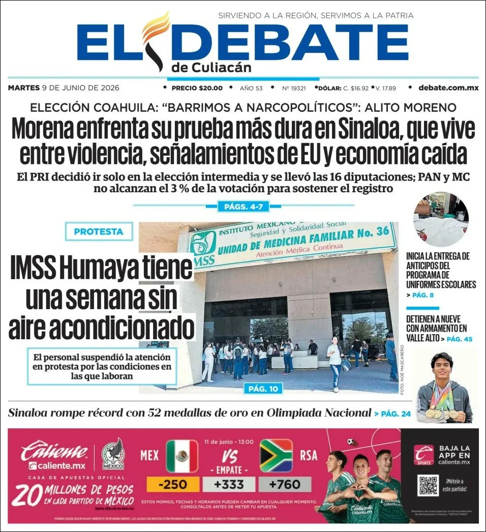 Portada de El Debate de Culiacan del martes, 9 de junio de 2026