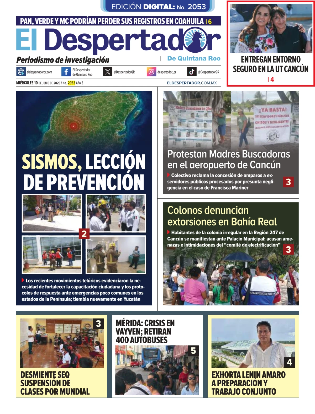 Portada de El Despertador de Quintana Roo del miércoles, 10 de junio de 2026