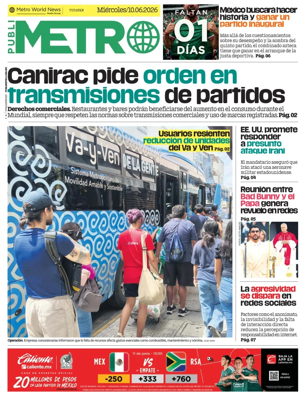Portada de Publimetro Merida del miércoles, 10 de junio de 2026