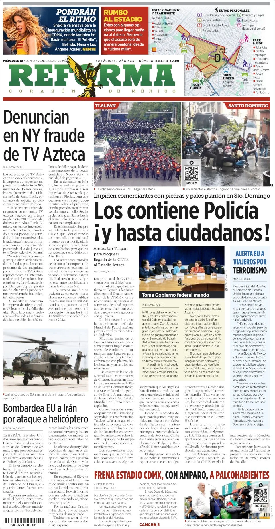 Portada de Reforma del miércoles, 10 de junio de 2026