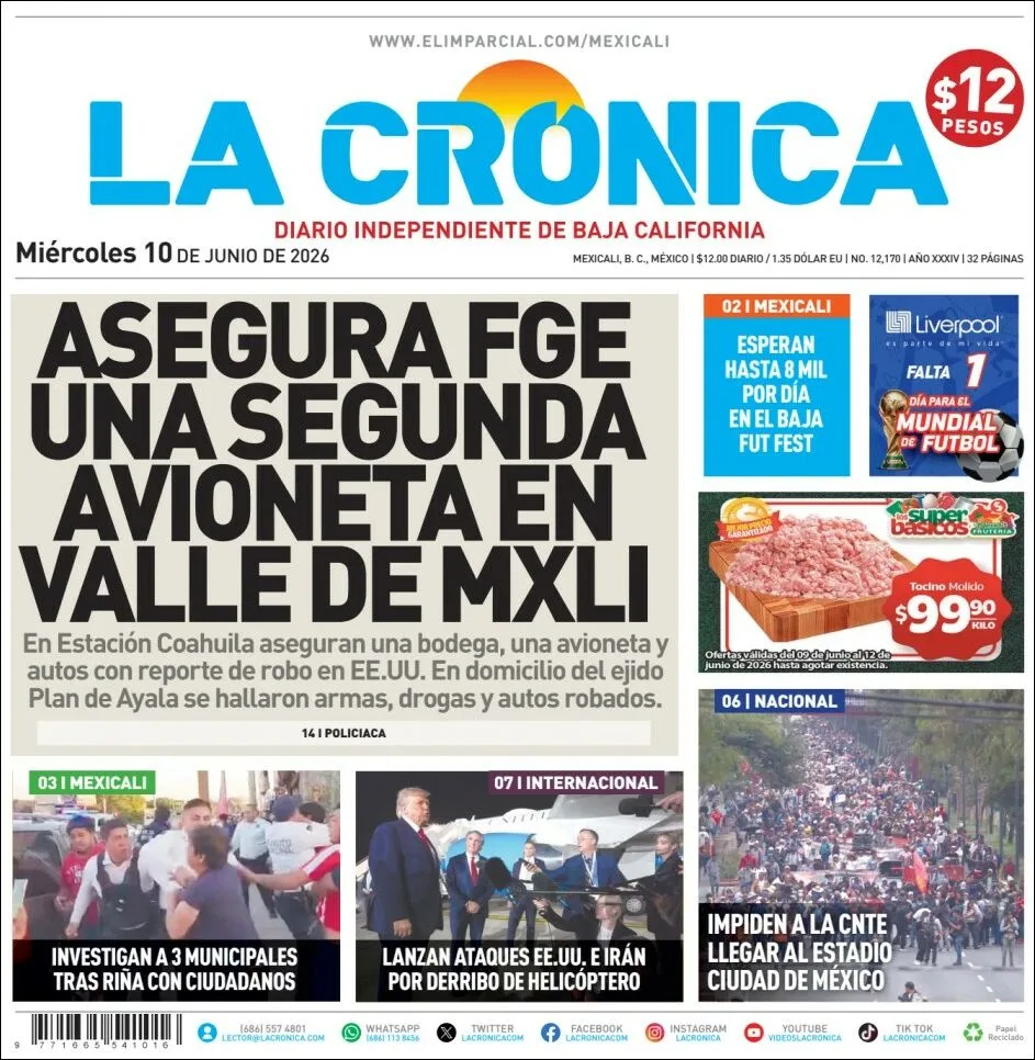 Portada de La Cronica del miércoles, 10 de junio de 2026