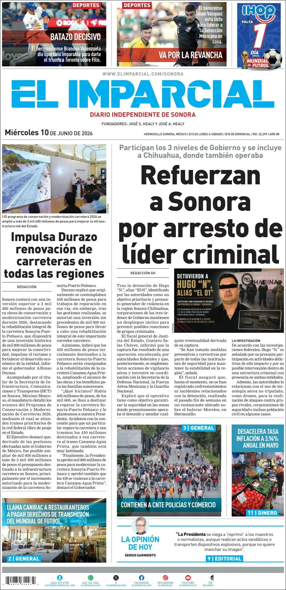 Portada de El Imparcial del miércoles, 10 de junio de 2026
