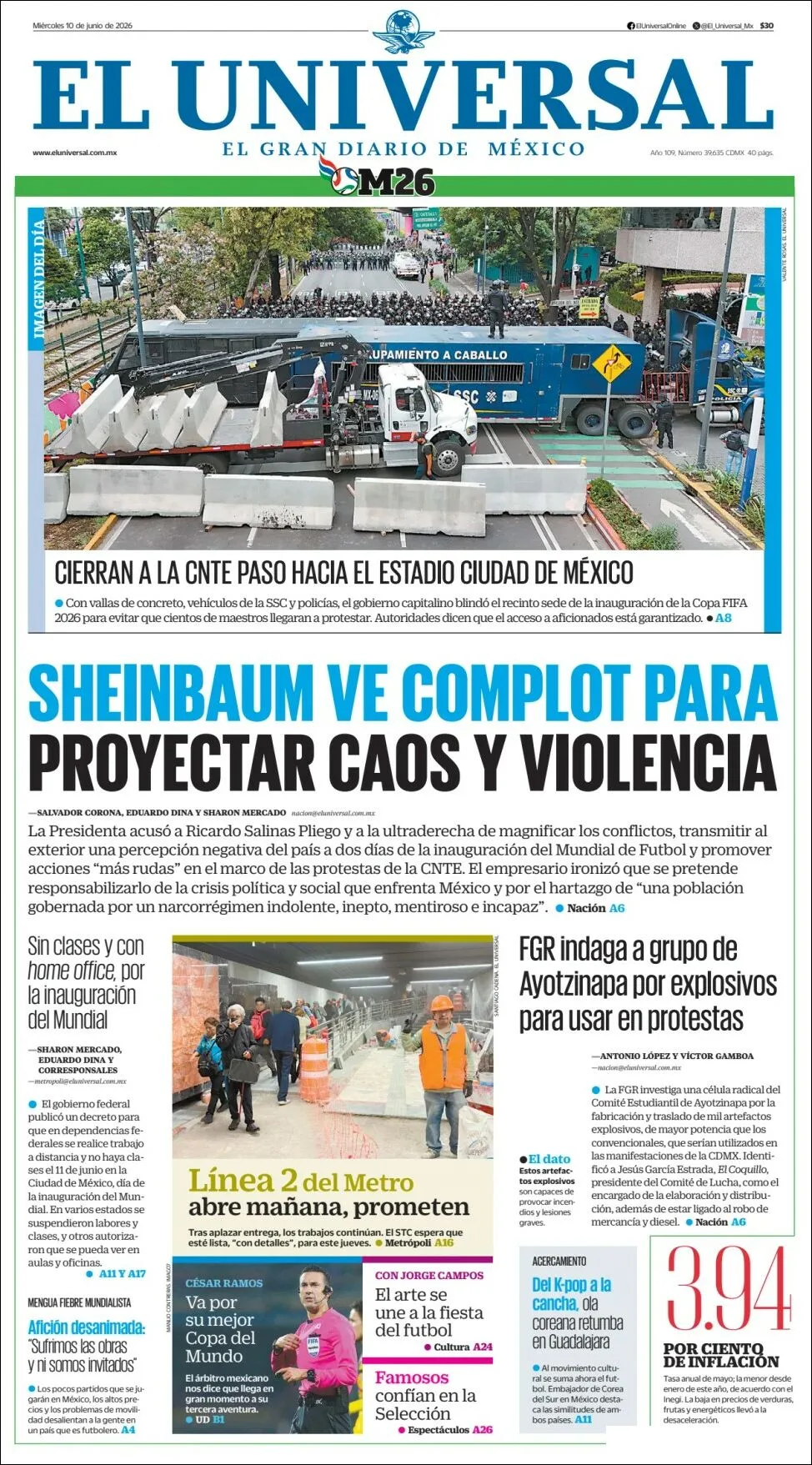 Portada de El Universal del miércoles, 10 de junio de 2026