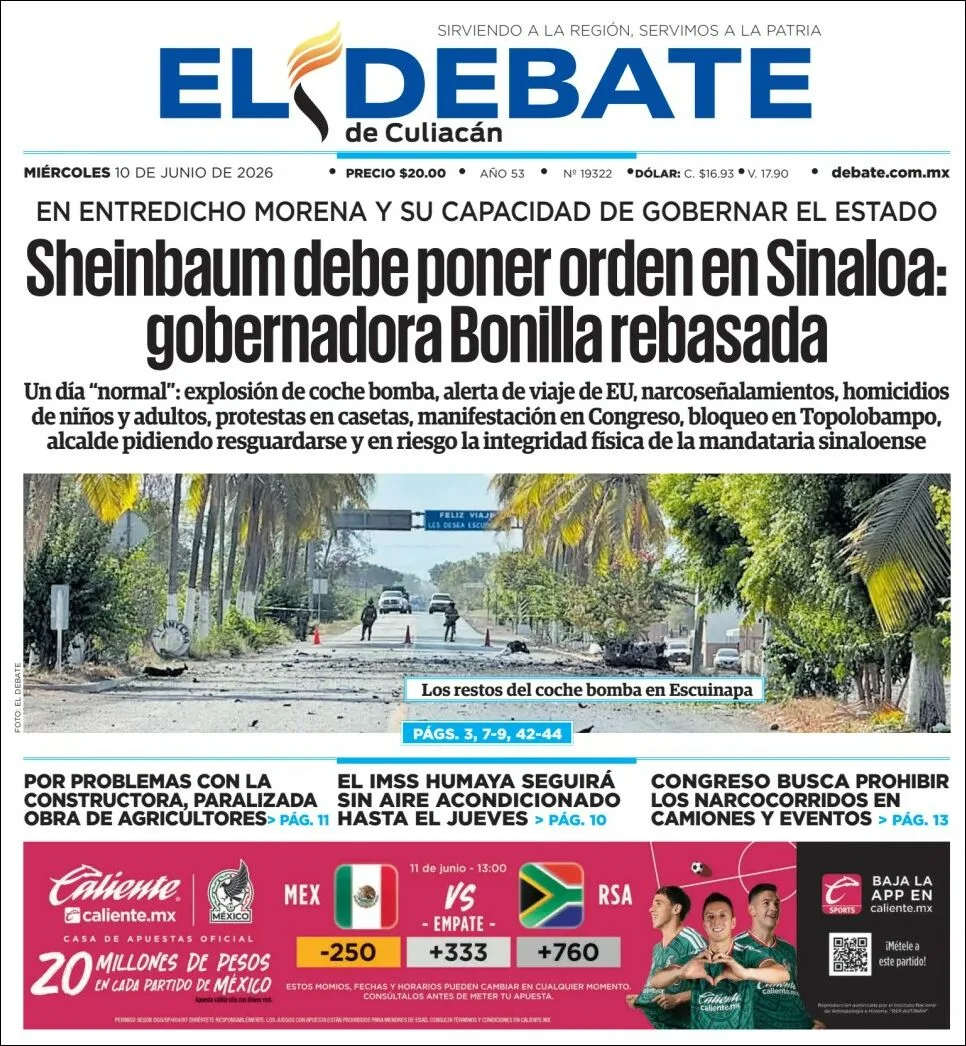 Portada de El Debate de Culiacan del miércoles, 10 de junio de 2026