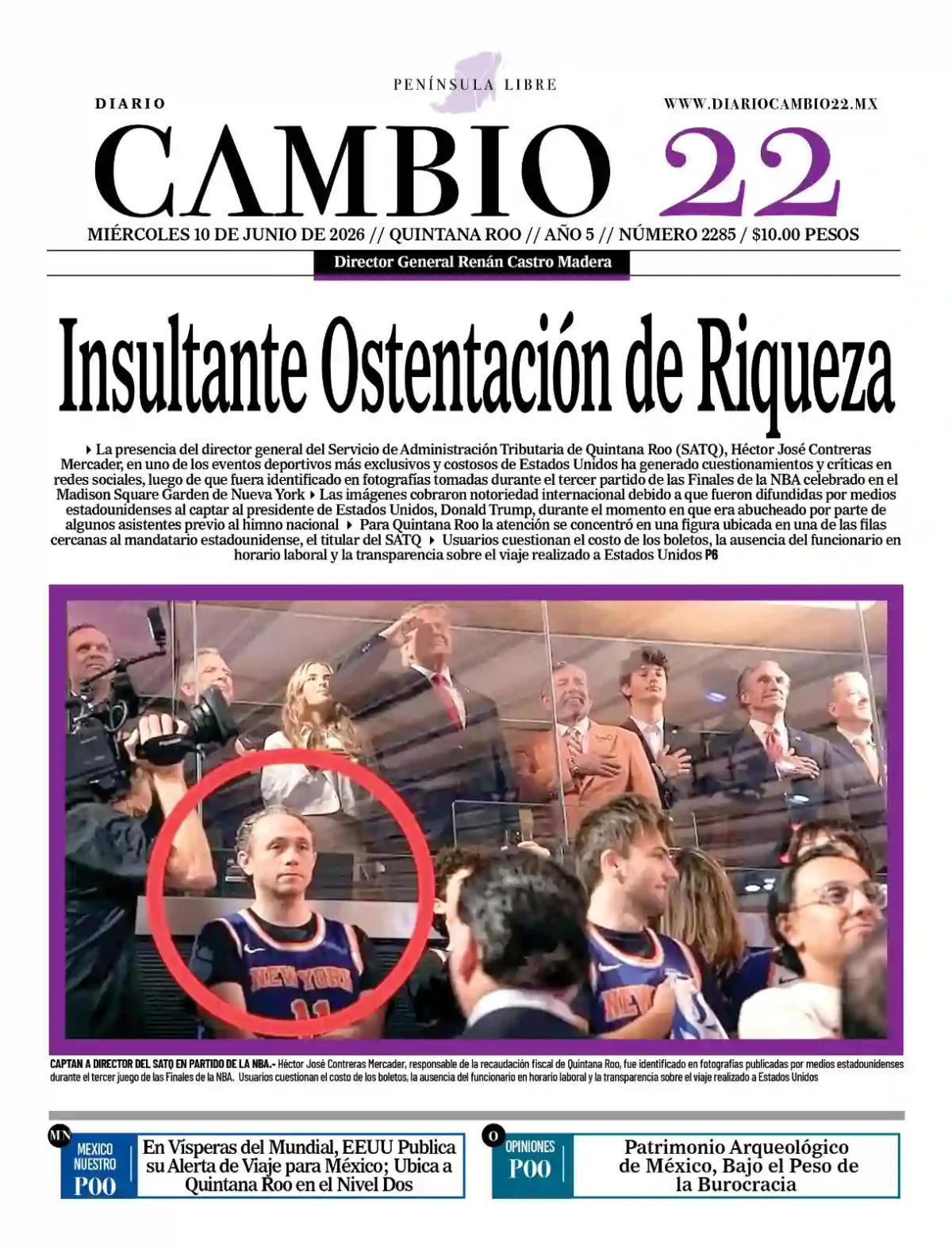 Portada de Diario Cambio 22 (portada) del miércoles, 10 de junio de 2026