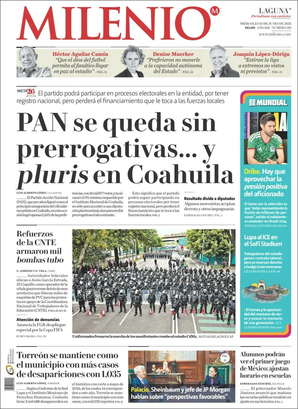 Portada de Milenio Laguna del miércoles, 10 de junio de 2026
