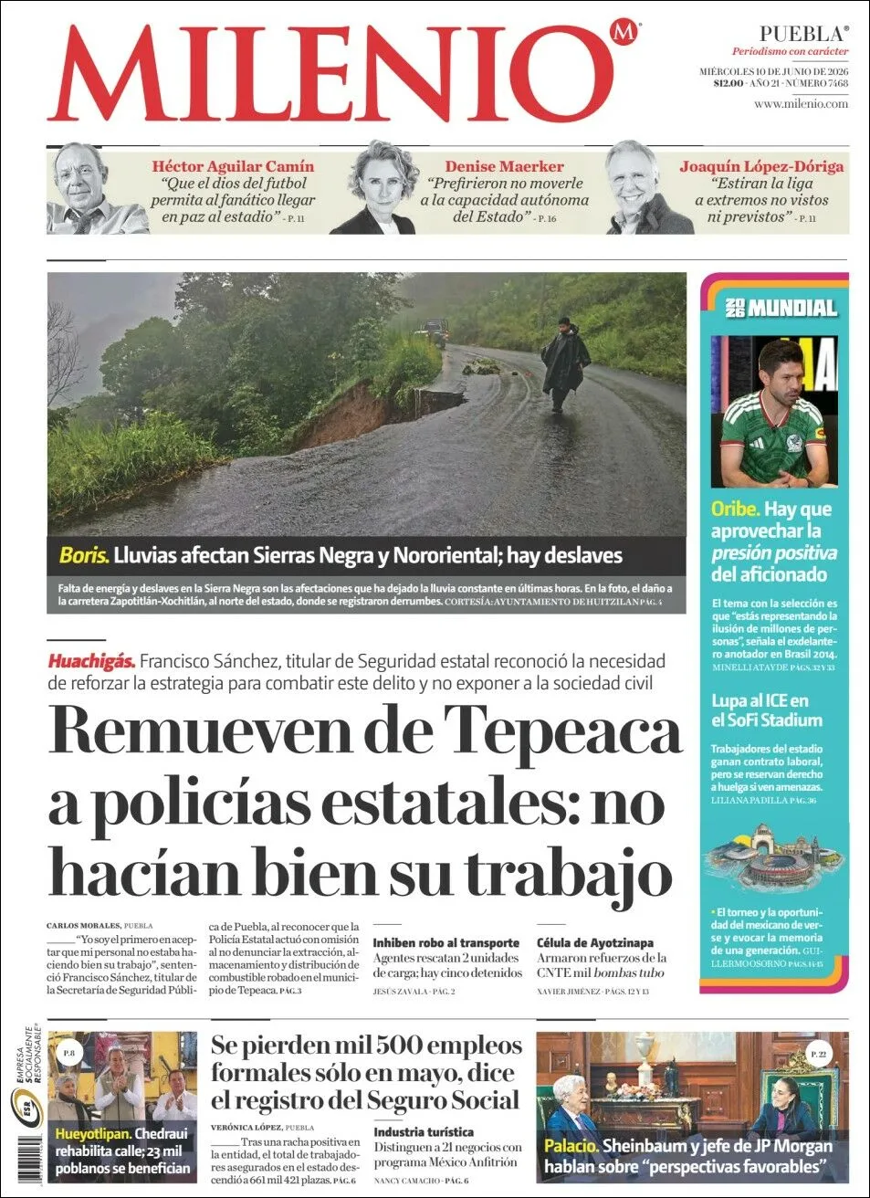 Portada de Milenio Puebla del miércoles, 10 de junio de 2026