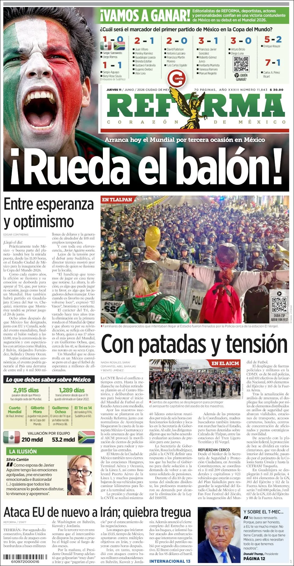 Portada de Reforma del jueves, 11 de junio de 2026