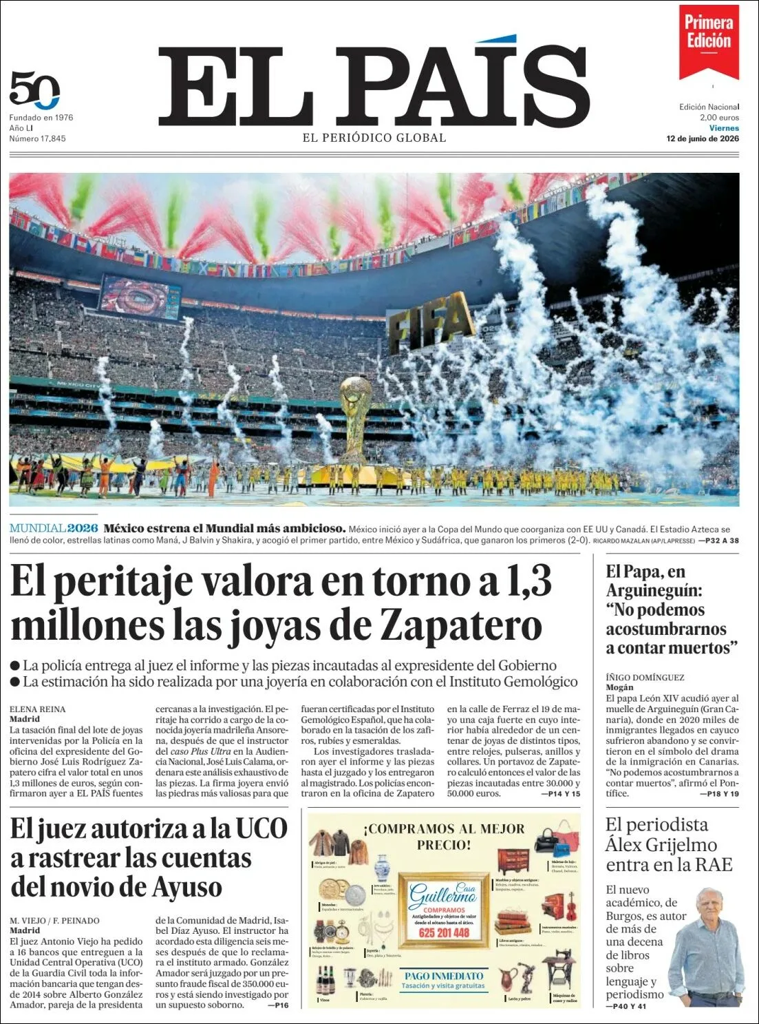 Portada de El Pais del viernes, 12 de junio de 2026