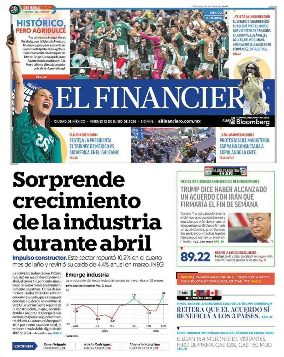 Portada de El Financiero del viernes, 12 de junio de 2026