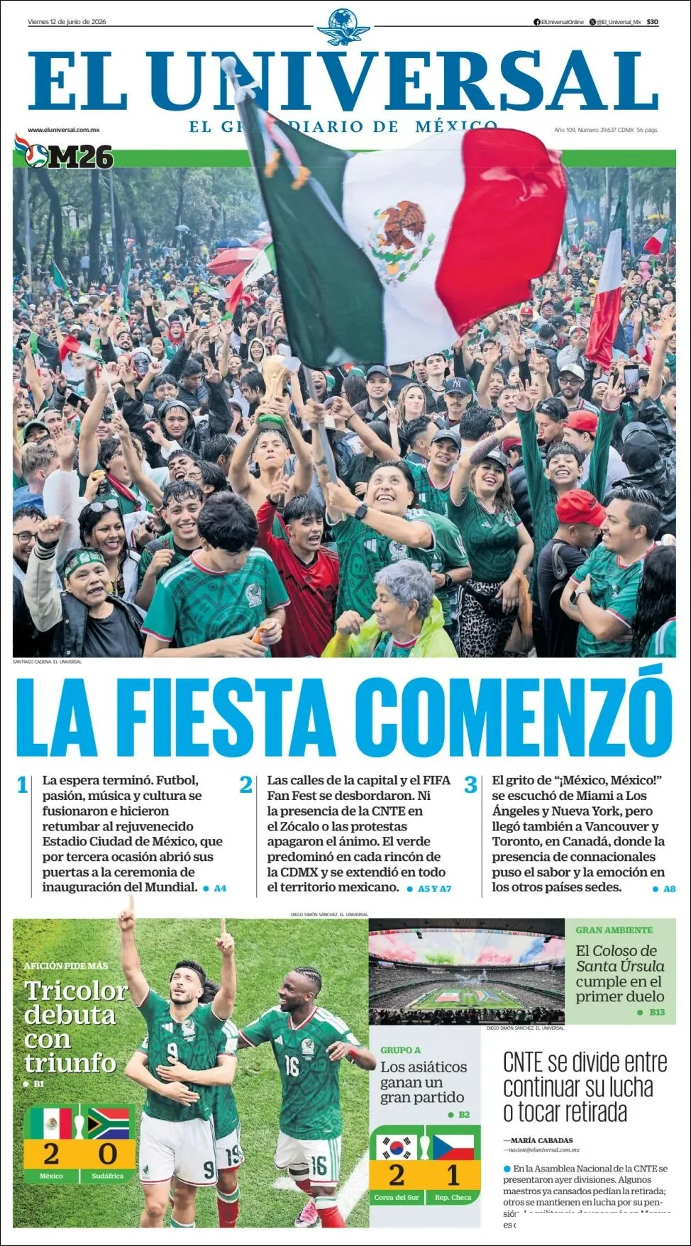 Portada de El Universal del viernes, 12 de junio de 2026