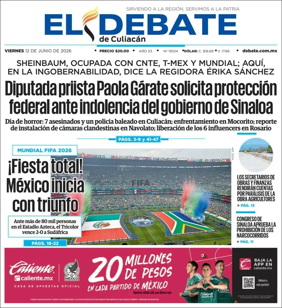 Portada de El Debate de Culiacan del viernes, 12 de junio de 2026