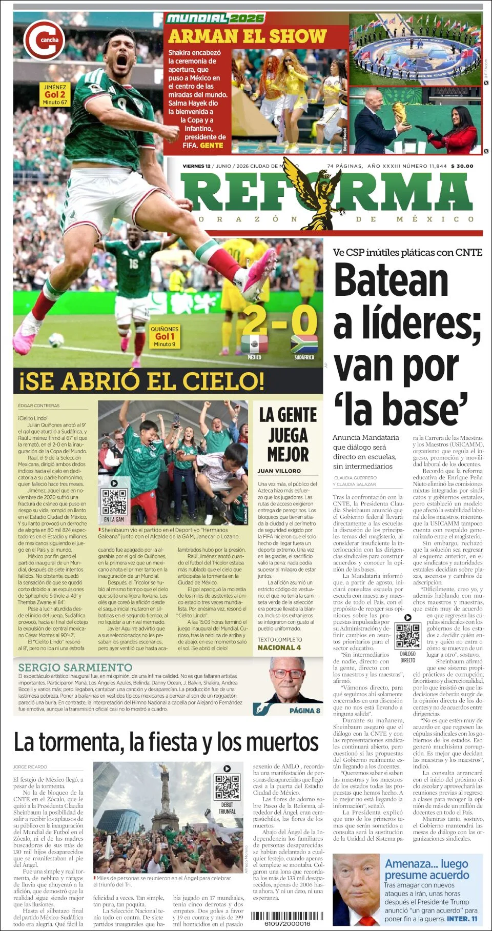 Portada de Reforma del viernes, 12 de junio de 2026