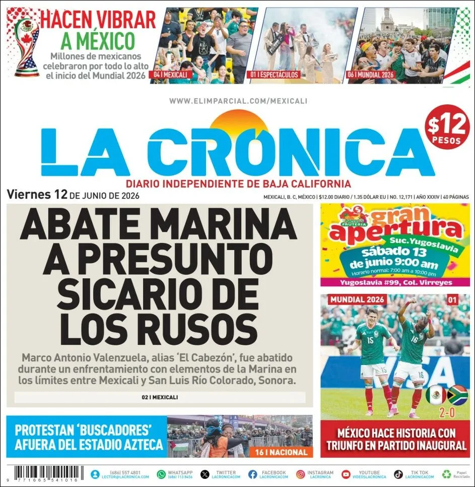 Portada de La Cronica del viernes, 12 de junio de 2026