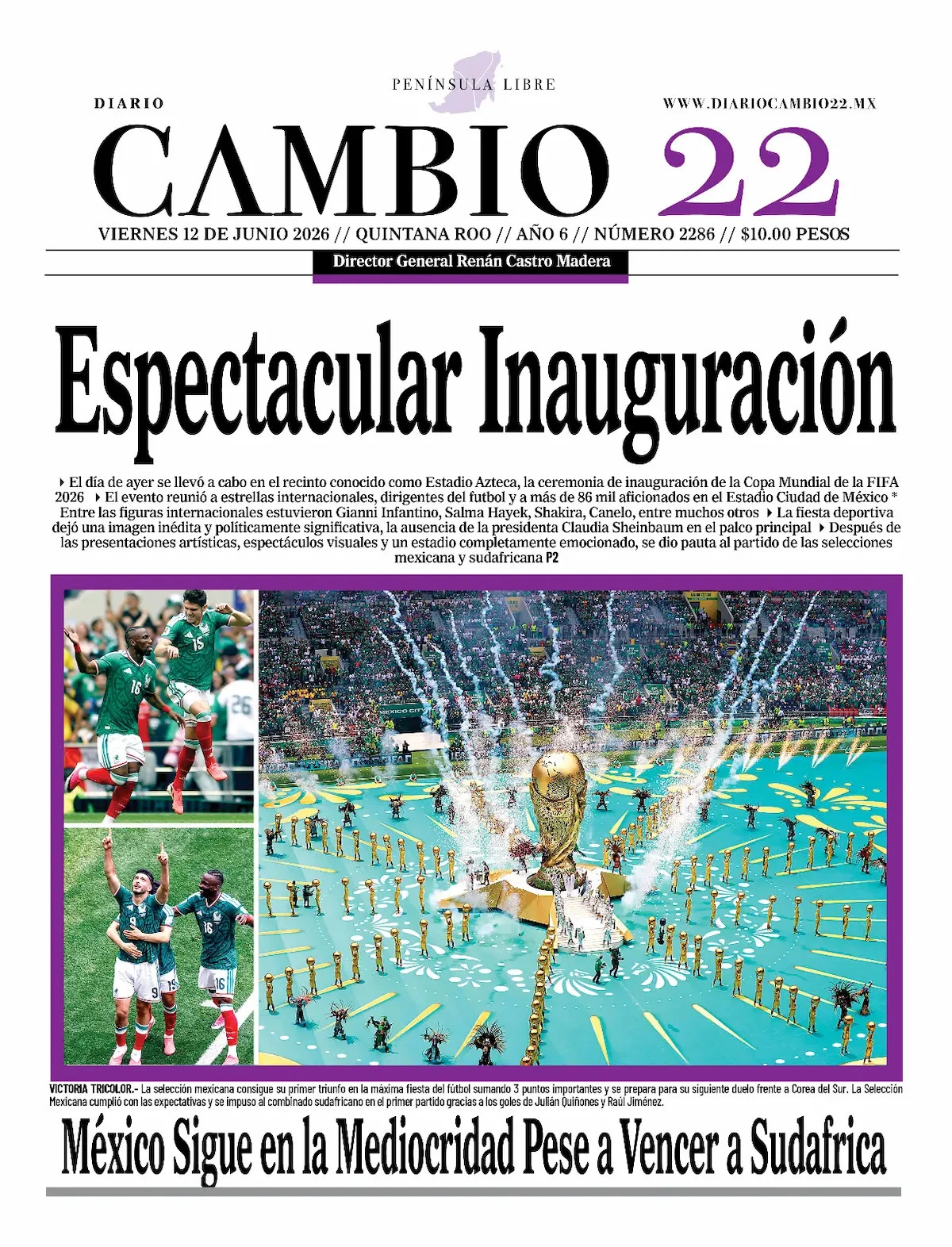 Portada de Diario Cambio 22 (portada) del viernes, 12 de junio de 2026