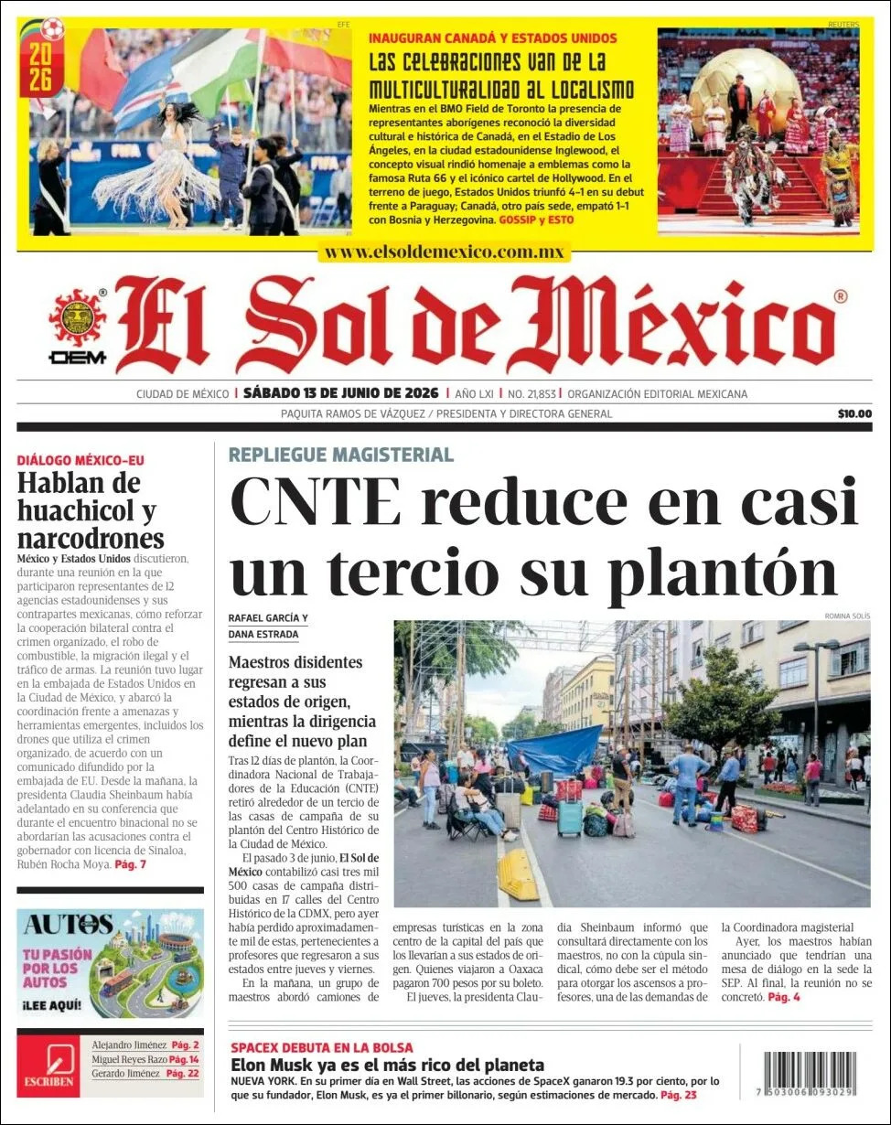 Portada de El Sol de Mexico del sábado, 13 de junio de 2026