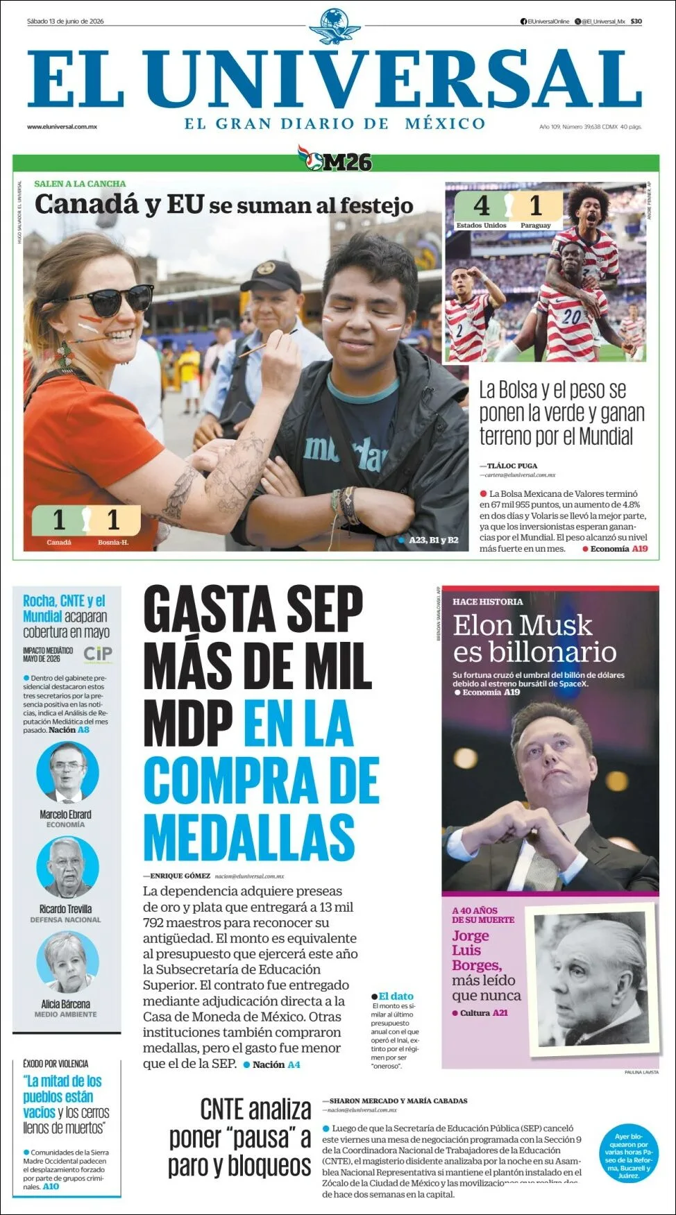 Portada de El Universal del sábado, 13 de junio de 2026