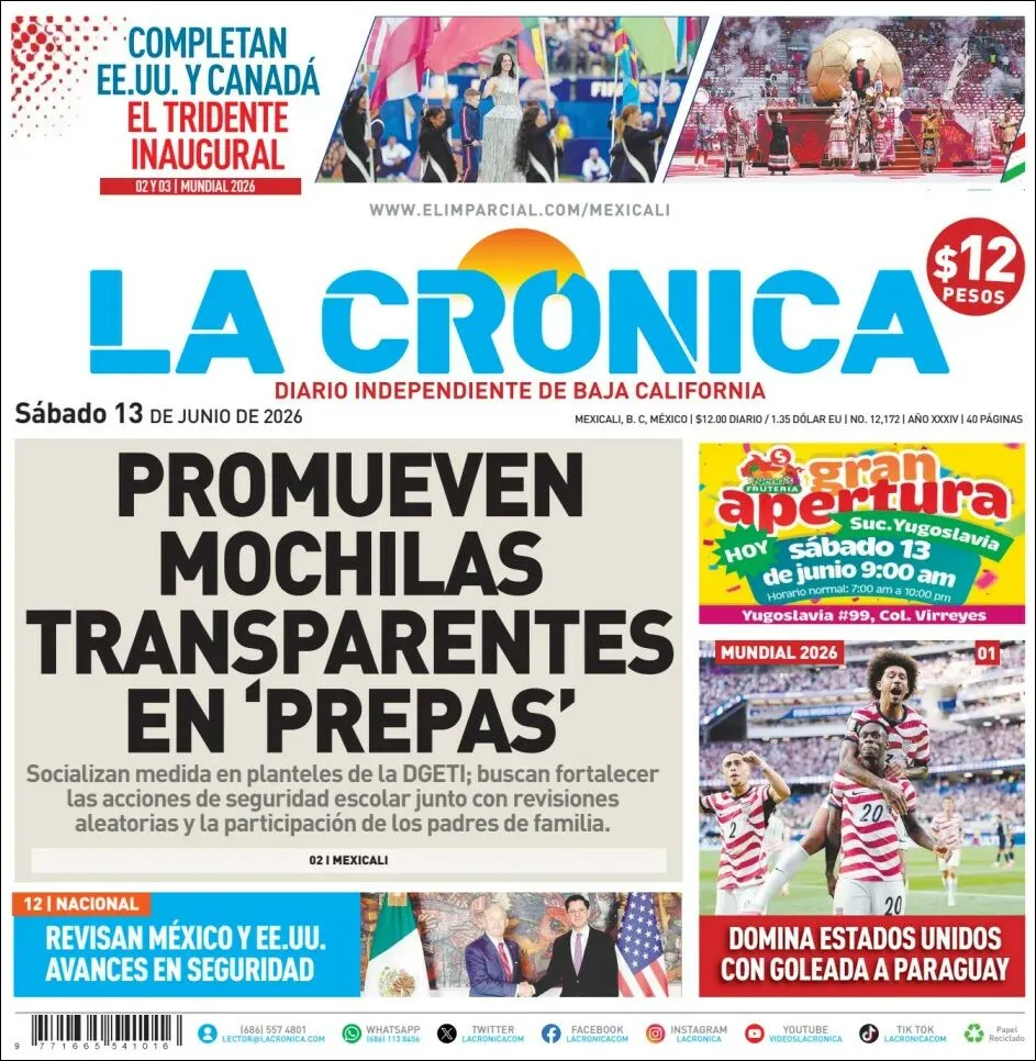 Portada de La Cronica del sábado, 13 de junio de 2026