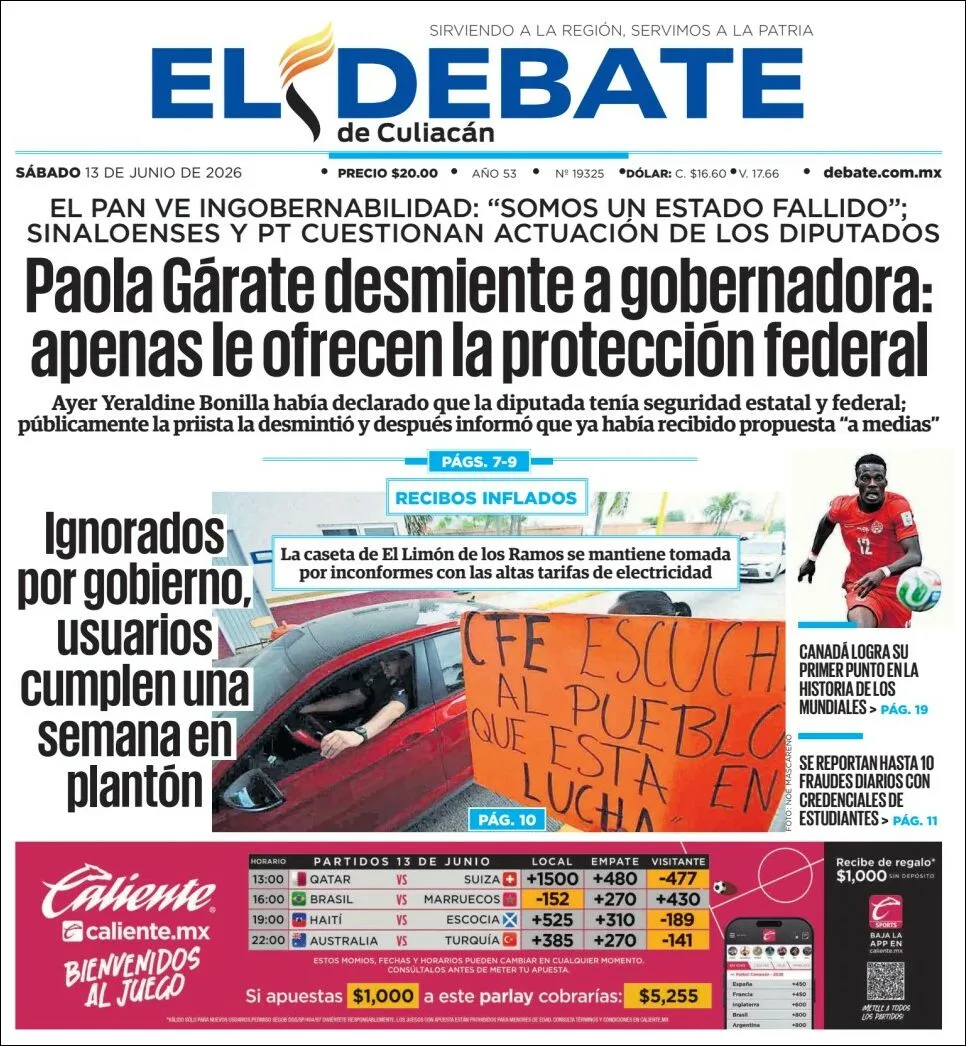 Portada de El Debate de Culiacan del sábado, 13 de junio de 2026