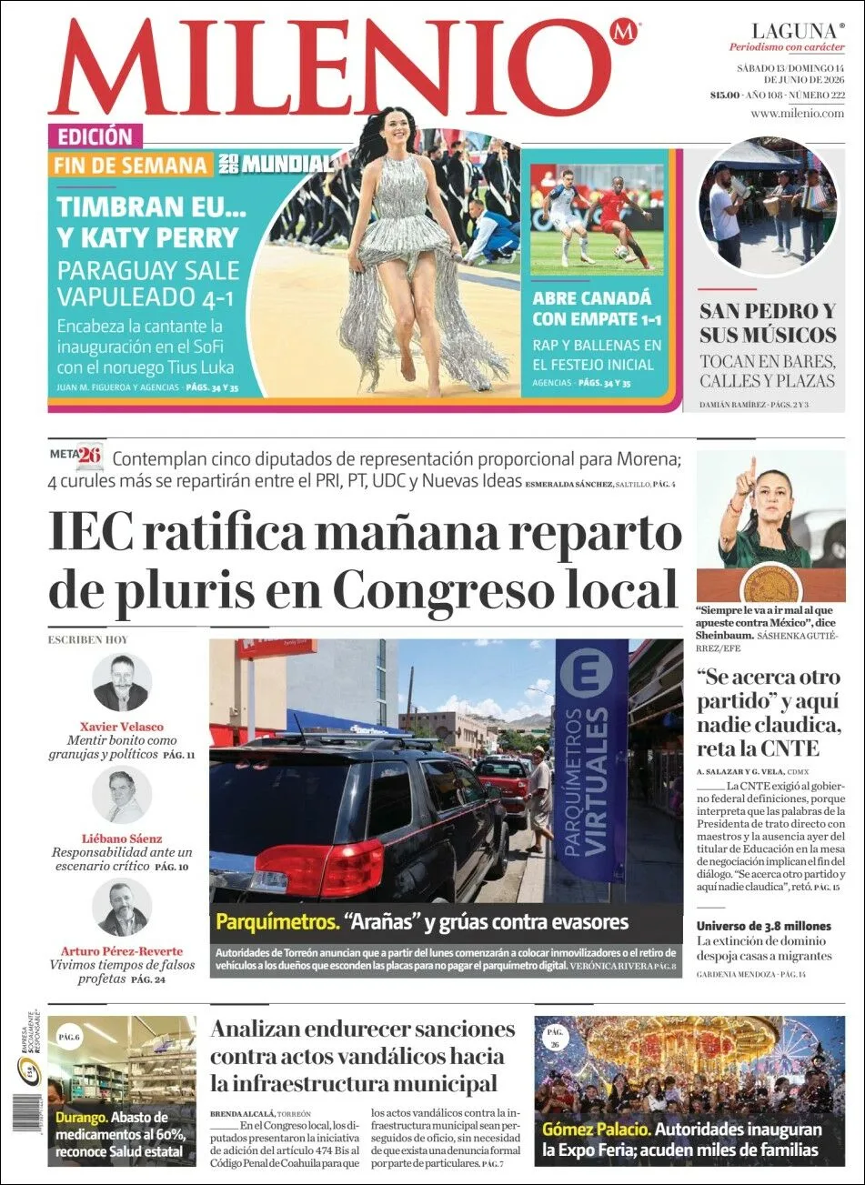 Portada de Milenio Laguna del sábado, 13 de junio de 2026