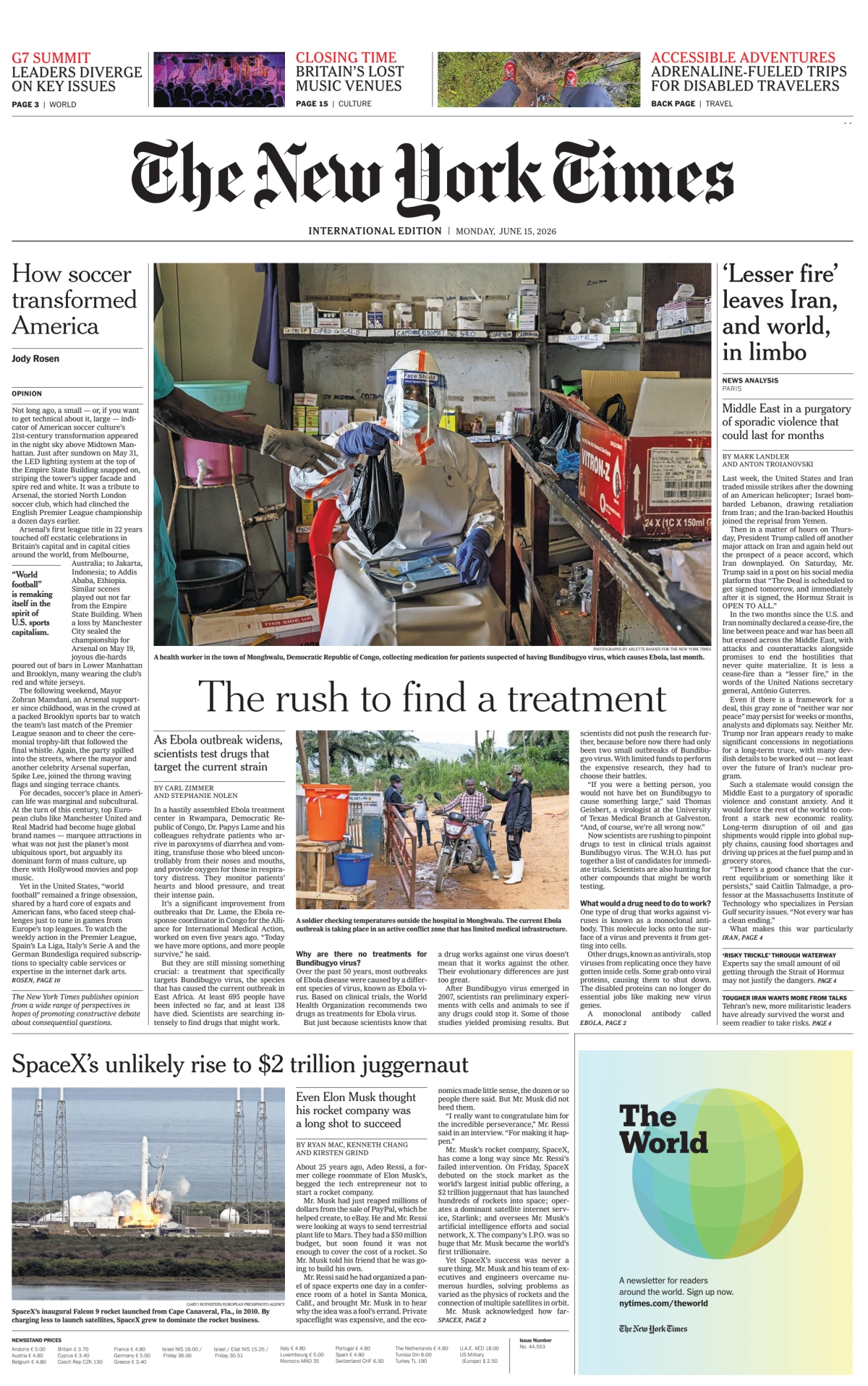 Portada de The New York Times (international) del lunes, 15 de junio de 2026