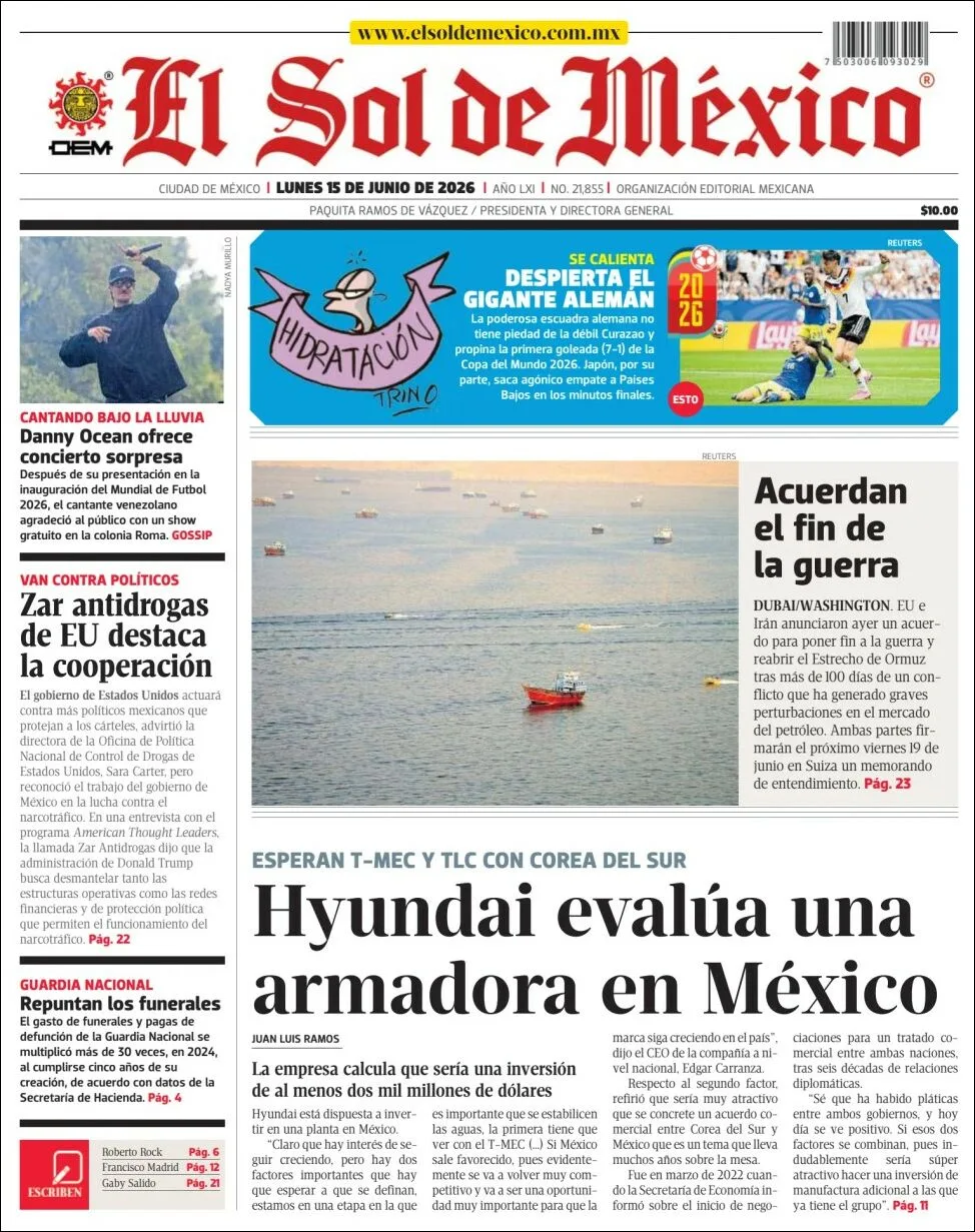 Portada de El Sol de Mexico del lunes, 15 de junio de 2026