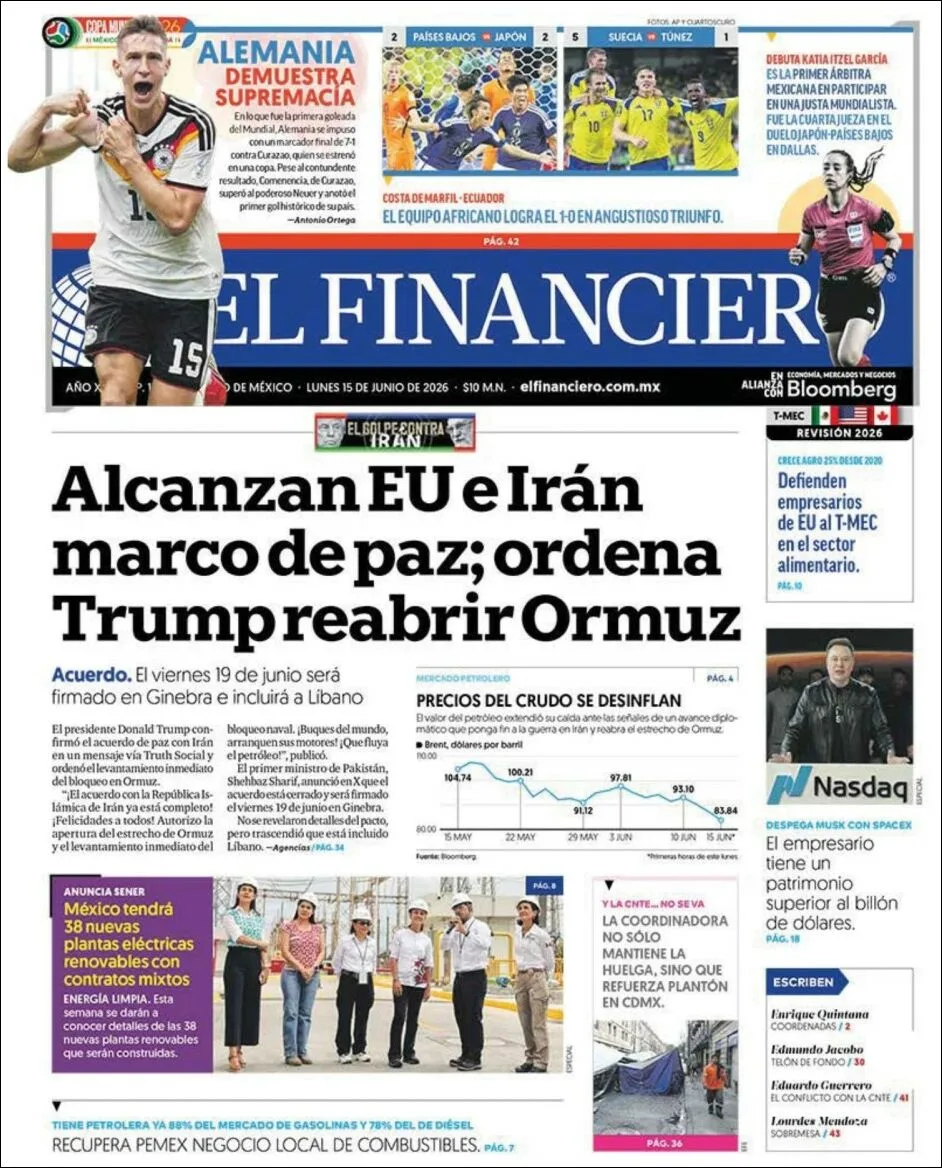 Portada de El Financiero del lunes, 15 de junio de 2026