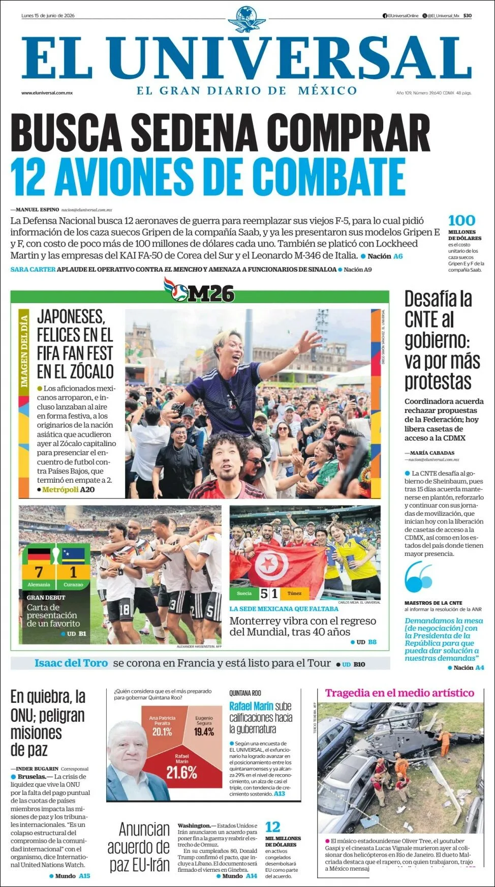 Portada de El Universal del lunes, 15 de junio de 2026