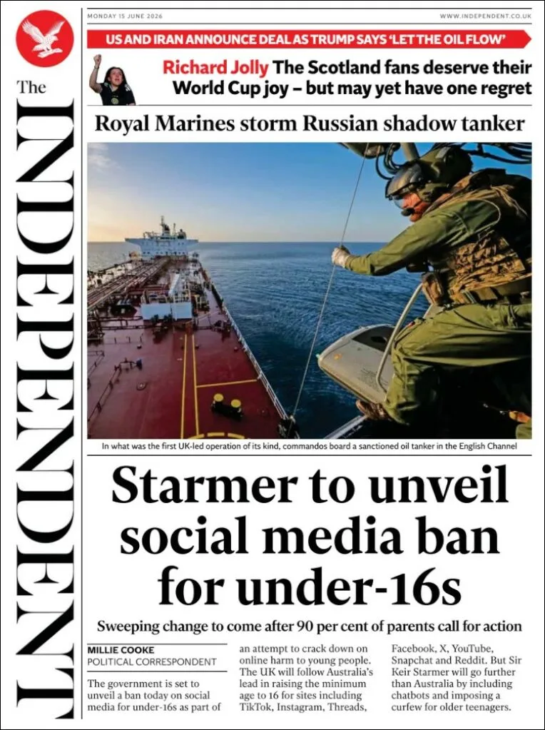 Portada de The Independent del lunes, 15 de junio de 2026