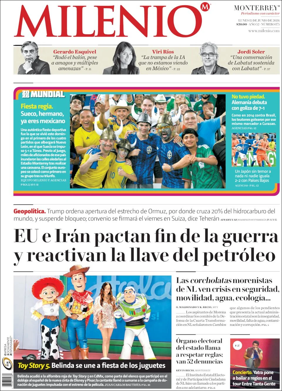 Portada de Milenio Edo de Mexico del lunes, 15 de junio de 2026