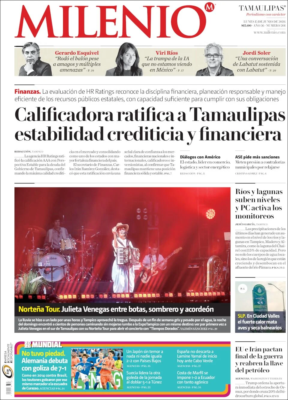 Portada de Milenio Tamaulipas del lunes, 15 de junio de 2026