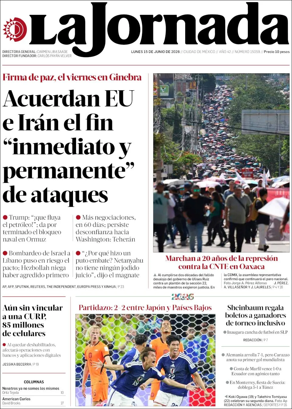 Portada de La Jornada del lunes, 15 de junio de 2026