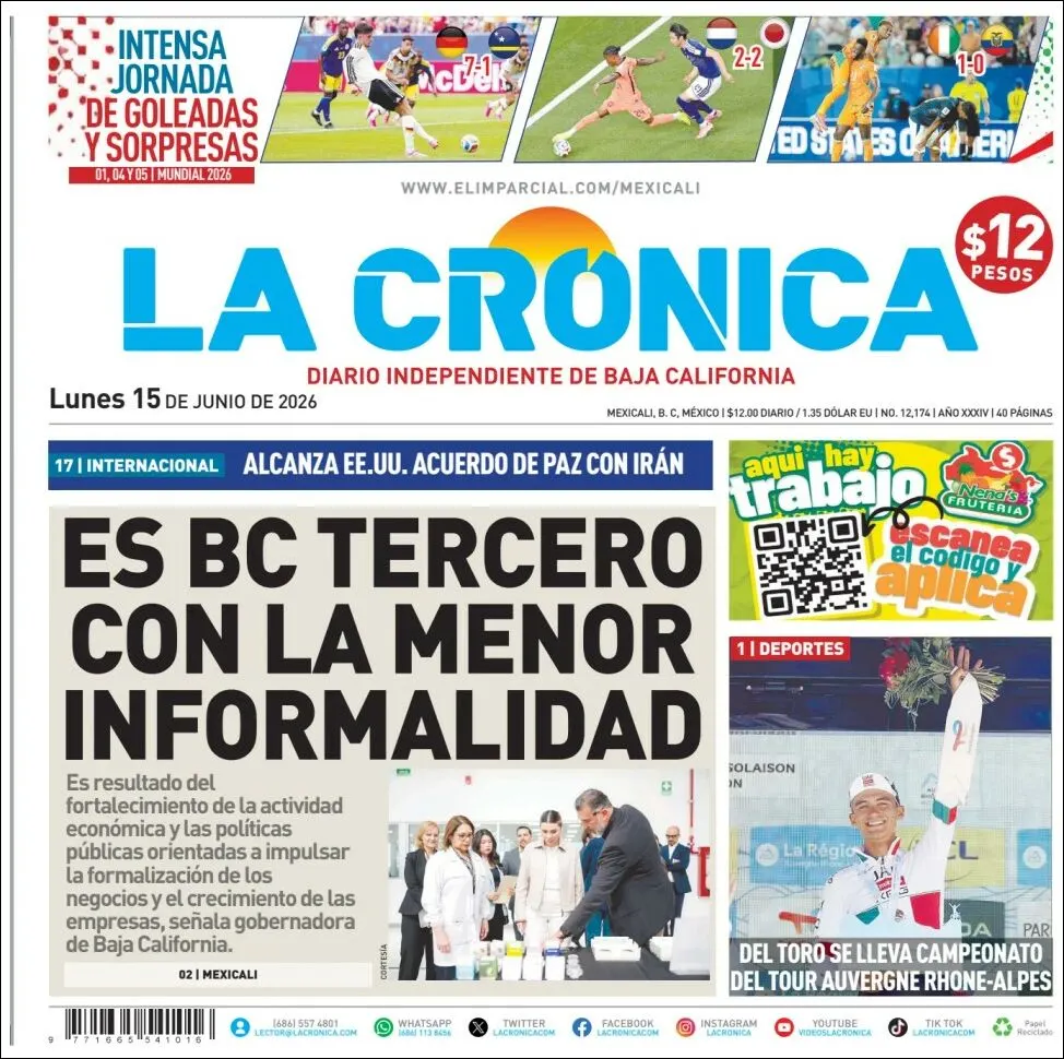 Portada de La Cronica del lunes, 15 de junio de 2026