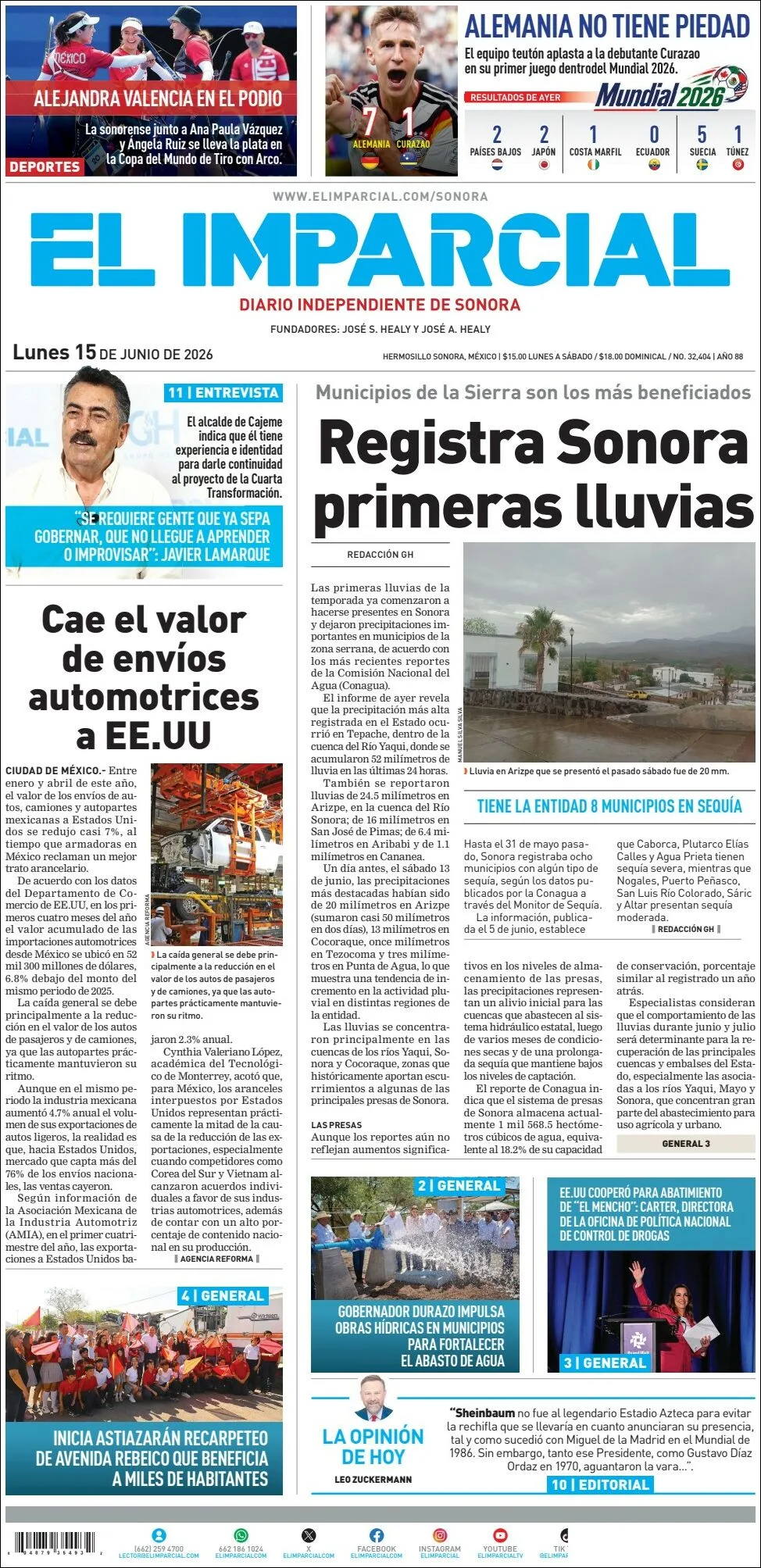 Portada de El Imparcial del lunes, 15 de junio de 2026