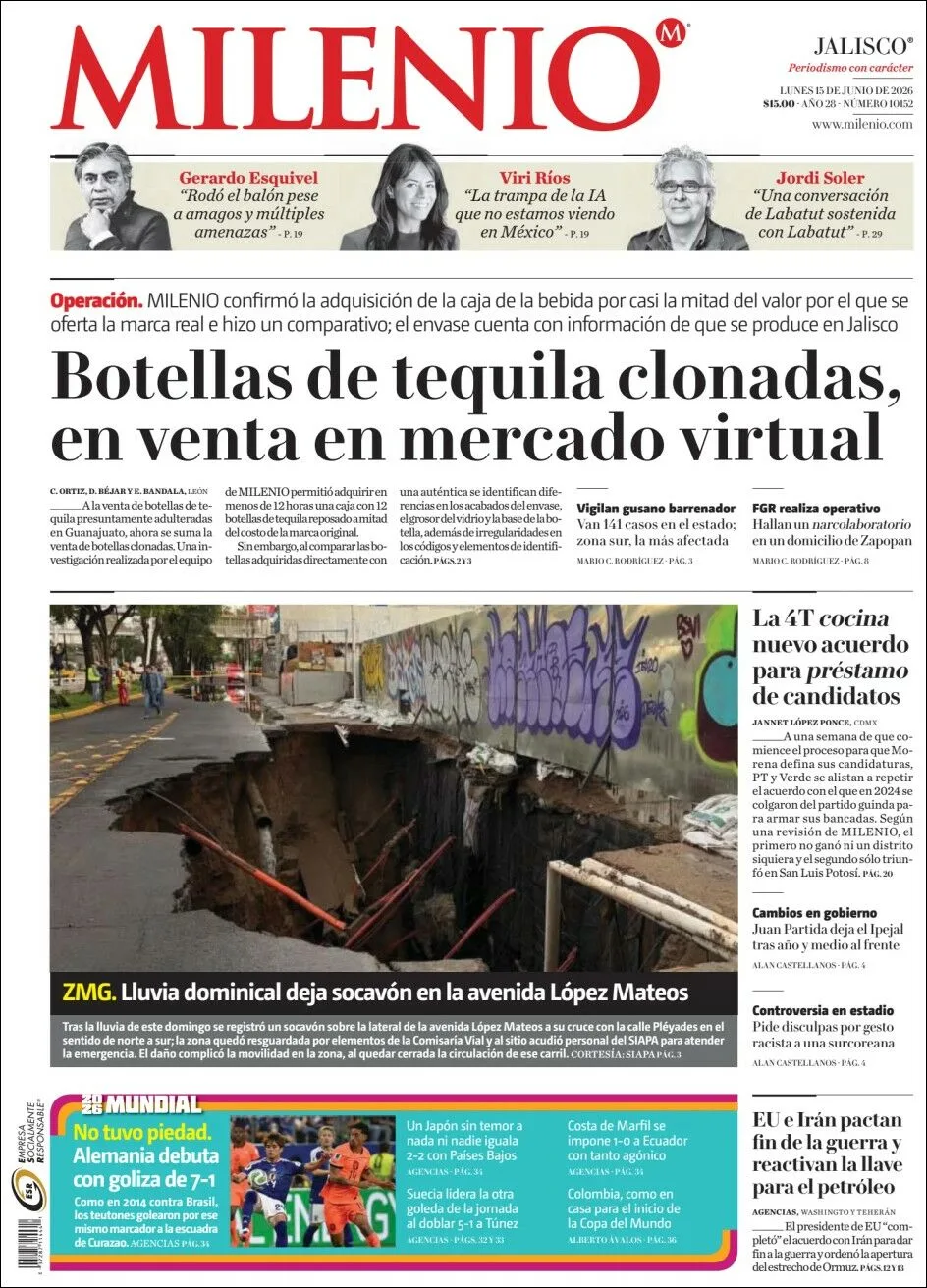Portada de Milenio Jalisco del lunes, 15 de junio de 2026